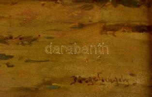 Pörge Gergely (1858-1930): Szénát pakolók. Olaj, falemez, festék lepattanásokkal,  jelzett, üvegezet...