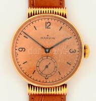 18 K arany Marvin karóra. Felújított eredeti szerkezettel,  szép állapotban, bőr szíjjal. Jelzett / ...