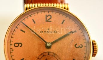 18 K arany Marvin karóra. Felújított eredeti szerkezettel,  szép állapotban, bőr szíjjal. Jelzett / ...