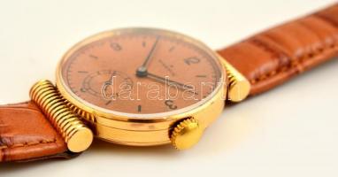 18 K arany Marvin karóra. Felújított eredeti szerkezettel,  szép állapotban, bőr szíjjal. Jelzett / ...