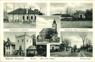 Kalász, Kálaz, Klasov; országzászló, iskola, jegyzőség, fogyasztási szövetkezet, kastély, templom, Fő utca / Hungarian flag, school, notary, cooperative shop, castle, church, main street (Rb)