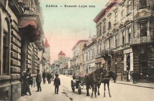 Kassa, Kosice; Kossuth Lajos utca, Kapcsák Vilmos, Breitner Mór, Stock Béla üzletei. Radó Bélané kiadása / street view, shops (EK)