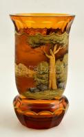 J.M. Pohl tervezte Moser borostyán váza, részben kézzel festett, jelzett, hibátlan, m:21 cm