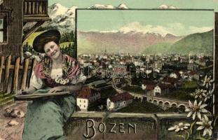 Bolzano, Bozen (Südtirol); Bahnhof / railway station. Lady, floral frame (EK)