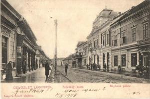 Lugos, Lugoj; Széchenyi utca, Népbank palota, Strasser kávéház / street view with bank, cafe (r)