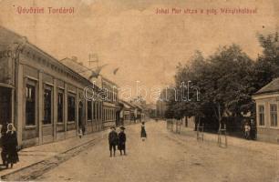 Torda, Turda; Jókai Mór utca, polgári leányiskola. No. 437. / street view with girl school