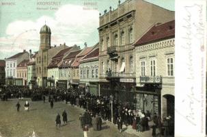 Brassó, Kronstadt, Brasov; Búza sor, Servatius & Graef üzlete / Kornzeil Corso / street view with shops (szakadás / tear)