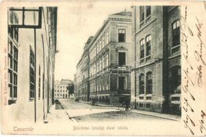 Temesvár, Timisoara; Belvárosi községi elemi iskola. Králicsek Béla kiadása / street view with school (EK)