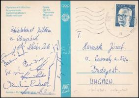 1972 Az olimpiai ezüstérmes vízilabda válogatott csapattagjainak aláírása a hazaküldött képeslapon (Kásás Zoltán, Pócsik, Molnár, Bodnár, Görgényi, Faragó, Cservenyák, Sárosi, stb.)