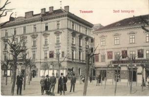 Temesvár, Timisoara; Jenő herceg tér, takarékpénztár, Kereskedelmi rt., dohány különlegességi áruda / square, savings bank, commercial company, tobacco shop