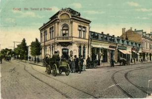 Galati, Galatz; Str. Tecuci si Traian, Farmacie T. B. Aburel, Cofetaria Spaniola / street view with pharmacy, shop of Nicolae Duda (tear)