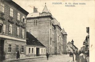 Pozsony, Pressburg, Bratislava; Állami felsőbb leányiskola / street view with girl school  (EK)