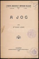 Dr. Kuncz Jenő: A jog. A Magyar Jogászegylet Könyvkiadó Vállalata I. évfolyam 1. kötet. Bp.,1908, Athenaeum. Korabeli egészvászon-kötés, kissé kopottas borítóval, intézményi bélyegzőkkel.