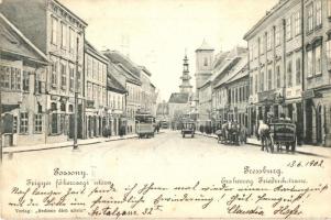 Pozsony, Pressburg, Bratislava; Frigyes főhercegi utca, üzletek, villamos, Tafelmayer és Weischek szikvíz gyárának szekere "Bediene dich allein" / street view with shops, tram, soda factory's cart