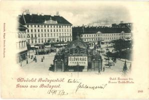 1899 Budapest V. Deák Ferenc tér, Anker-Udvar, Élővirág Csarnok, villamosok, Schlesinger, Voglhut és Weil, Fischer F. és Bretschneider Zsigmond és fia üzlete, Kereskedők és Iparosok Sakktársasága (EK)