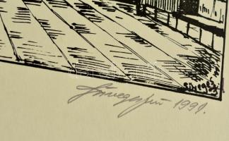 Süveges Jenő (?-): Halászbástya. Linómetszet, karton, jelzett, 29×20 cm