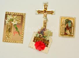 Vegyes régi kihajtható búcsújárós szentkép tétel, 3 db, az egyik sérült, 16x7 cm és 7x5 cm közötti méretben.