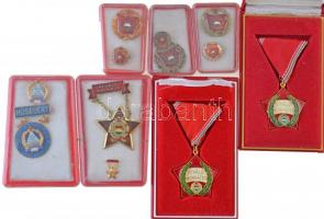 10db szocialista kitüntetés és jelvény, mind tokban, közte 1964. "Munka Érdemrend bronz fokozata" mellette miniatűr szalagsávon, ~1970-1980. "Magyar Kábel Művek Törzsgárda 20 év" zománcozott fém jelvény és miniatűr T:1-,2