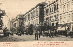 Budapest VIII. Múzeum körút, József műegyetem, Deutsch Ferenc, Bogdán üzletei, villamos (EB)