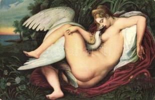 Leda mit dem Schwan / Erotic nude art postcard s: Michelangelo Buonarroti