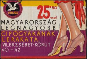 cca 1930 Sirály cipőgyár reklám kisplakát, széleinél kis szakadások, hajtott, 23x33 cm