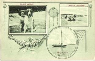 Alsóörs, Fürdőző pajtások, Vitorlázás a teknőben, Miczi hajó. Divald Károly fia kiadása, Art Nouveau (EK)