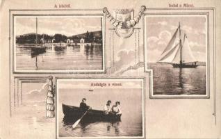 Alsóörs, Kikötő, Miczi hajó, Andalgás a vízen. Divald Károly fia kiadása, Art Nouveau (EK)