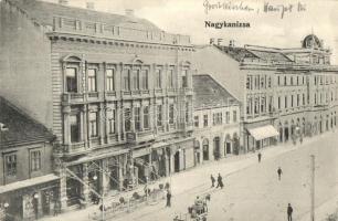 Nagykanizsa, Fő út, Klein József és Társa, Hamburg Miksa üzletei, Központi kávéház, Gyógyszertár a Fekete Sashoz (EB)