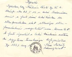 1957 házmegbízotti igazolás az 1956-os forradalom alatti magatartásról, egyetemi tanulmányokhoz