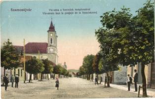 Szamosújvár, Gherla; Víz utca a Ferenciek templomával. Todorán Endre kiadása / street view, church (EK)