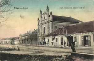 Nagyszalonta, Salonta; Izraelita templom, zsinagóga, Magyar Korona szálloda és vendéglő, utcakép. Klein S. és V. kiadása / synagogue, hotel and restaurant, street view (fa)