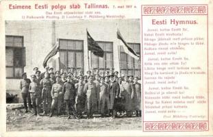 Esimene Eesti polgu stab Tallinas. Eesti Hymnus / First Estonian National Regiment officers in Tallinn. Polkownik Pinding, Luuletaja P. Mühlberg-Weskimägi