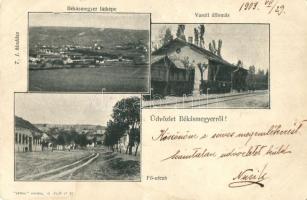 Budapest III. Békásmegyer, látkép, vasútállomás, Fő utca, T. J. kiadása (kis szakadás / small tear)