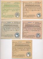 Budapest ~1950. Zsiradékforgalmi Vállalat zsírbeszolgáltatási utalványai 5Ft-60Ft értékben (5xklf), mind kitöltetlen és lyukasztással érvényetelenített T:I-,II