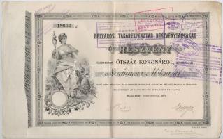 Budapest 1906. Belvárosi Takarékpénztár Részvénytársaság részvénye egyben 500K-ró, szárazpecséttel, bélyegzésekkel és szelvényekkel T:II-