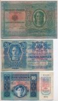 1912. 100K + 1913. 20K II. kiadás + 1915. 10K mindhárom piros "MAGYARORSZÁG" körbélyegzőve...