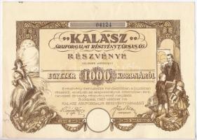 Budapest 1925. Kalász Áruforgalmi Részvénytársaság részvénye 1000K-ról, szelvényekkel, szárazpecsét nélkül T:II