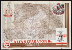 cca 1930 Az Alfa Separator Rt. reklámtérképe a trianoni határokkal, szakadással, 47x51 cm