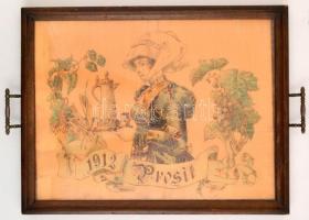 1912 Füles tálca Prosit felirattal, festett pirogravír üveg lap borítással, kis repedéssel, 56×39 cm