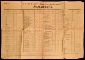 1943 M. Kir. Dohányjövedék gyártmányainak árjegyzéke. Bp., M. Kir. Állami Nyomda, hajtásnyomokkal, hajtás mentén kis szakadással, 42x59 cm.