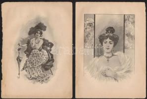 cca 1900-1944 Vegyes papírrégiség tétel, 15 db:
14 db erotikus nyomat, és 1 db női portré, ceruza, ...