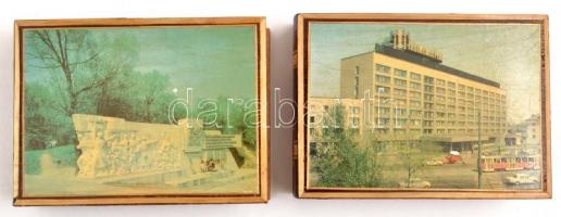 2 db könyv alakú fa doboz, leningrádi képekkel díszítve, 16x12x4 cm