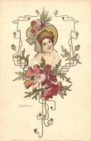 Lady. Schwere Wahl Serie 28. Kunstverlag Rafael Neuber, Wien. floral Art Nouveau litho s: E. Döcker jr. (EK)