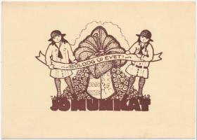 Cserkészlányok újévi üdvözlőlapon / Hungarian scout girls' New Year greeting, artist signed