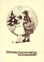 Cserkészlányok karácsonyi üdvözlőlapon / Hungarian scout girls Christmas greeting, artist signed