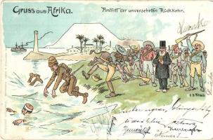 Grüss aus Afrika! Antritt der unversehrten Rückkehr. / Anglo-Boer war in South Africa, humor. Rud. Bechtold & Comp. litho s: C. J. Frkbch (Frankenbach) (lyuk / pinhole)