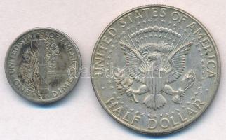 Amerikai Egyesült Államok 1939D 1d Ag "Mercury" + 1964D 1/2$ Ag "Kennedy" T:2 pa...