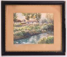 Szveteney jelzéssel: Ház a folyóparton. Akvarell, papír, jelzett, üvegezett keretben, 24x30 cm