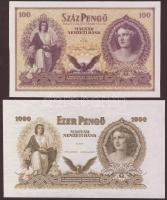 1943. 100P "Szálasi" + 1000P d.nélkül későbbi igen kis példányszámú utánnyomat eredeti lemezről! RR!! T:I