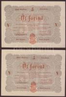 1848. 5Ft "Kossuth bankó" (2x) egymásutáni sorszámmal! Egyik hátoldali román nyelvű variáns! T:II+ Csak egyszer, alig láthatóan hajtva, törve nem!